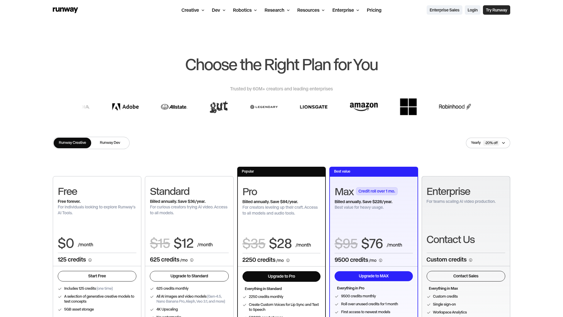 Runway pricing page showing Free, Standard, Pro, and Max plans