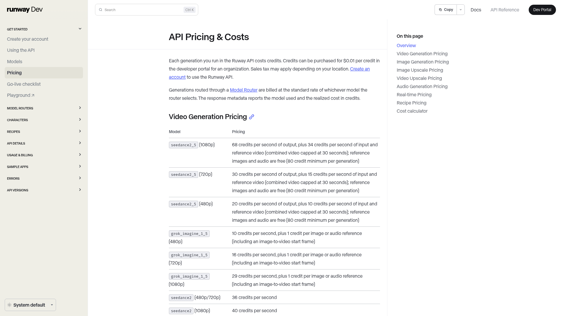 Runway API pricing page with model credit rates