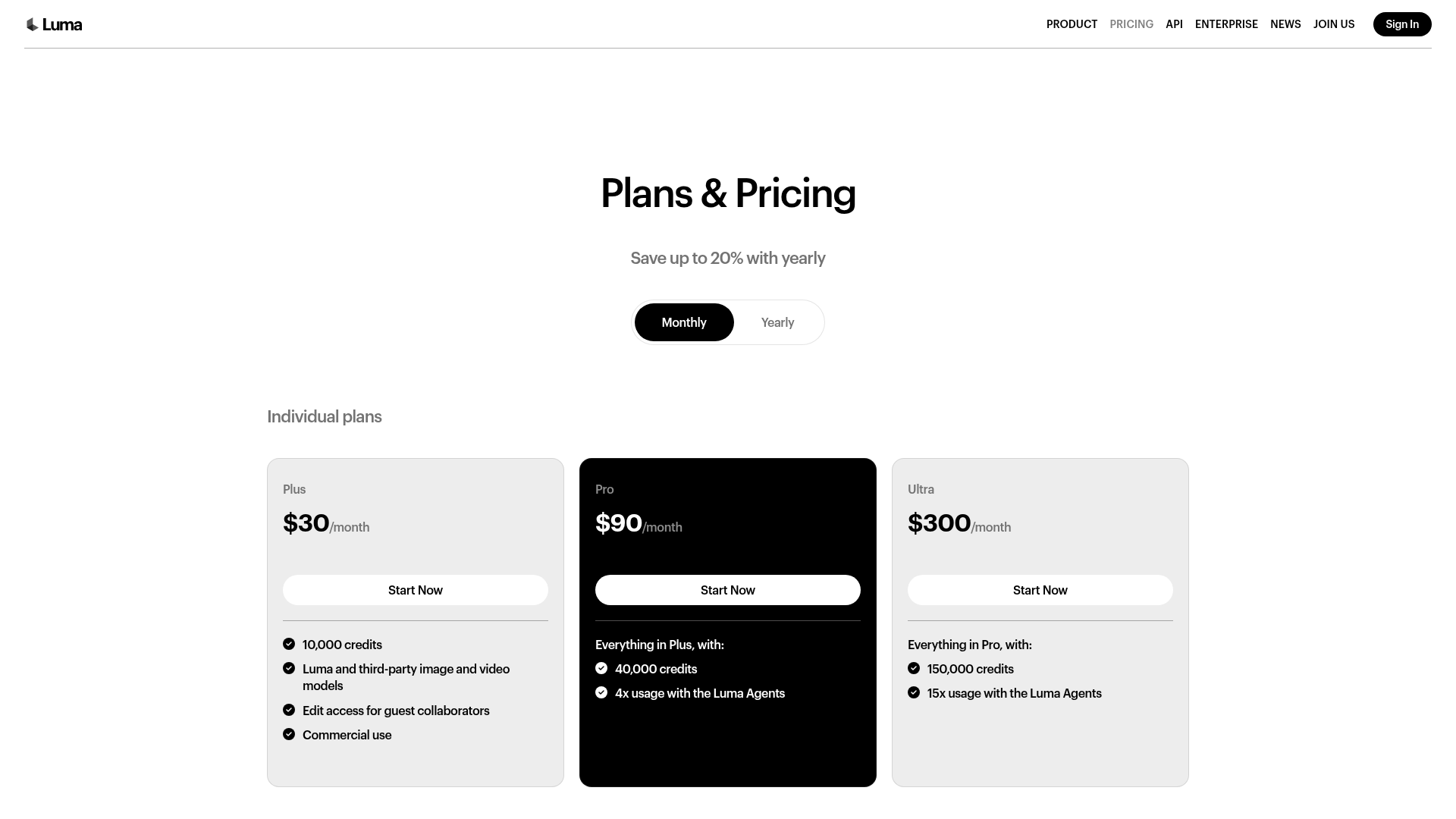 Luma pricing page showing Plus, Pro, and Ultra plans