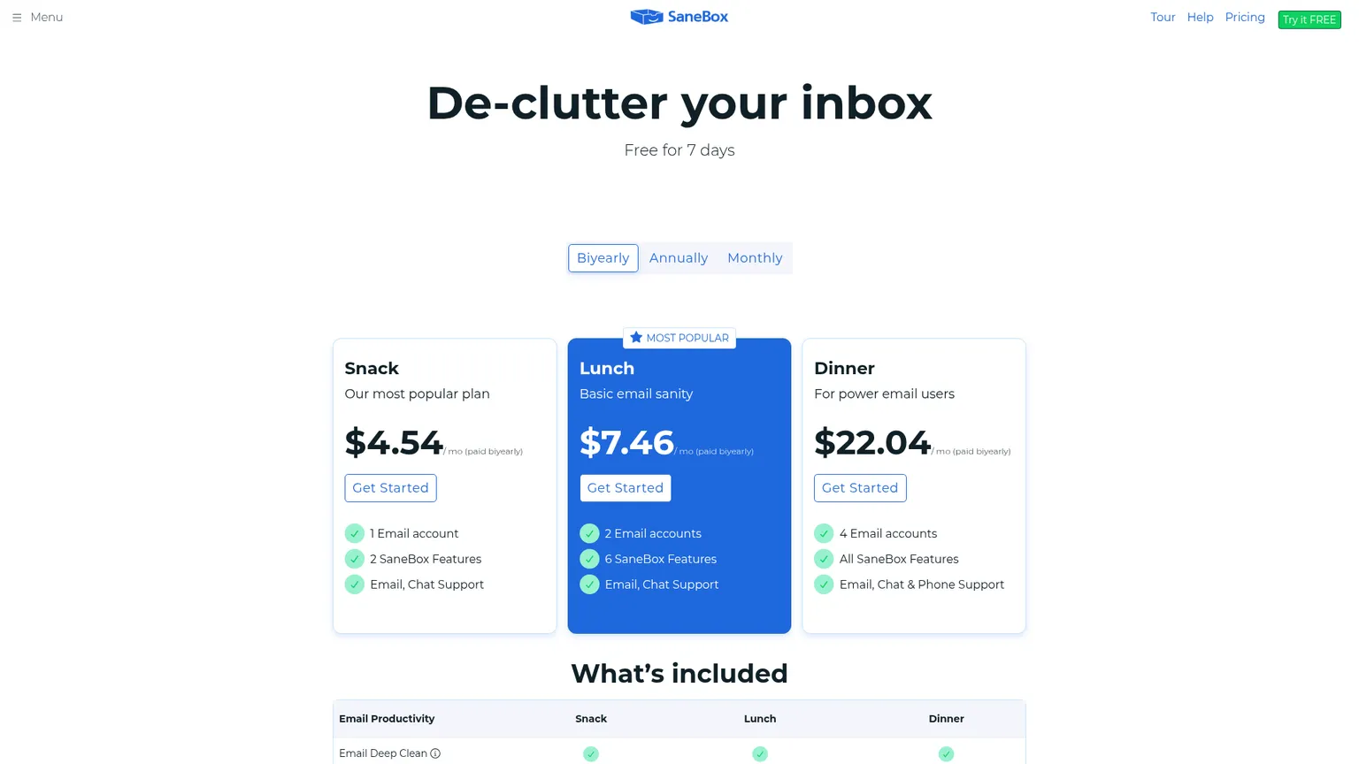 SaneBox pricing page showing Snack, Lunch, and Dinner plans