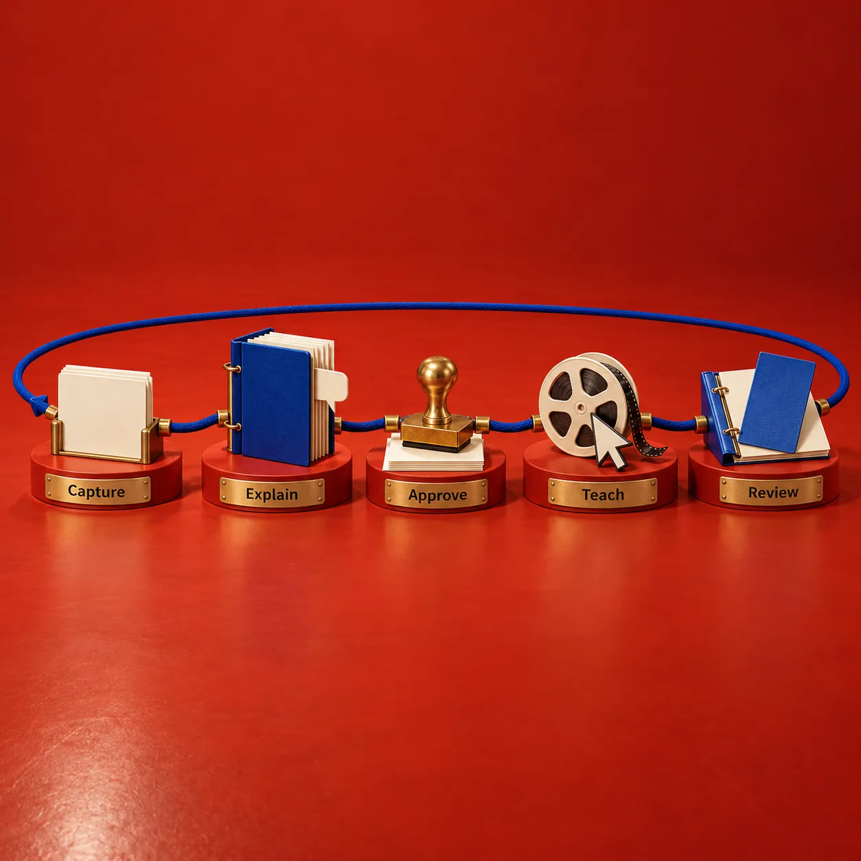 A process passes through capture, explanation, approval, teaching and review, with a return loop for updates