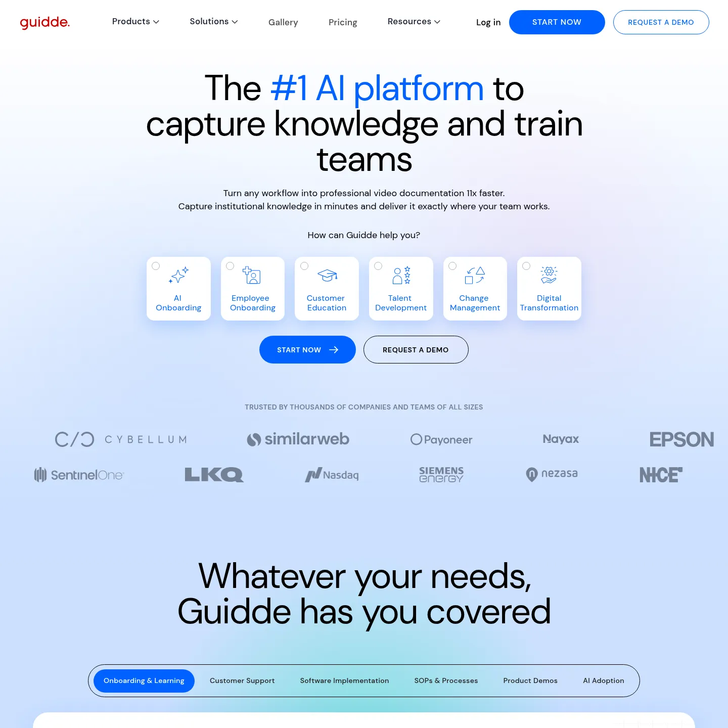 Guidde public product page showing AI-assisted video documentation