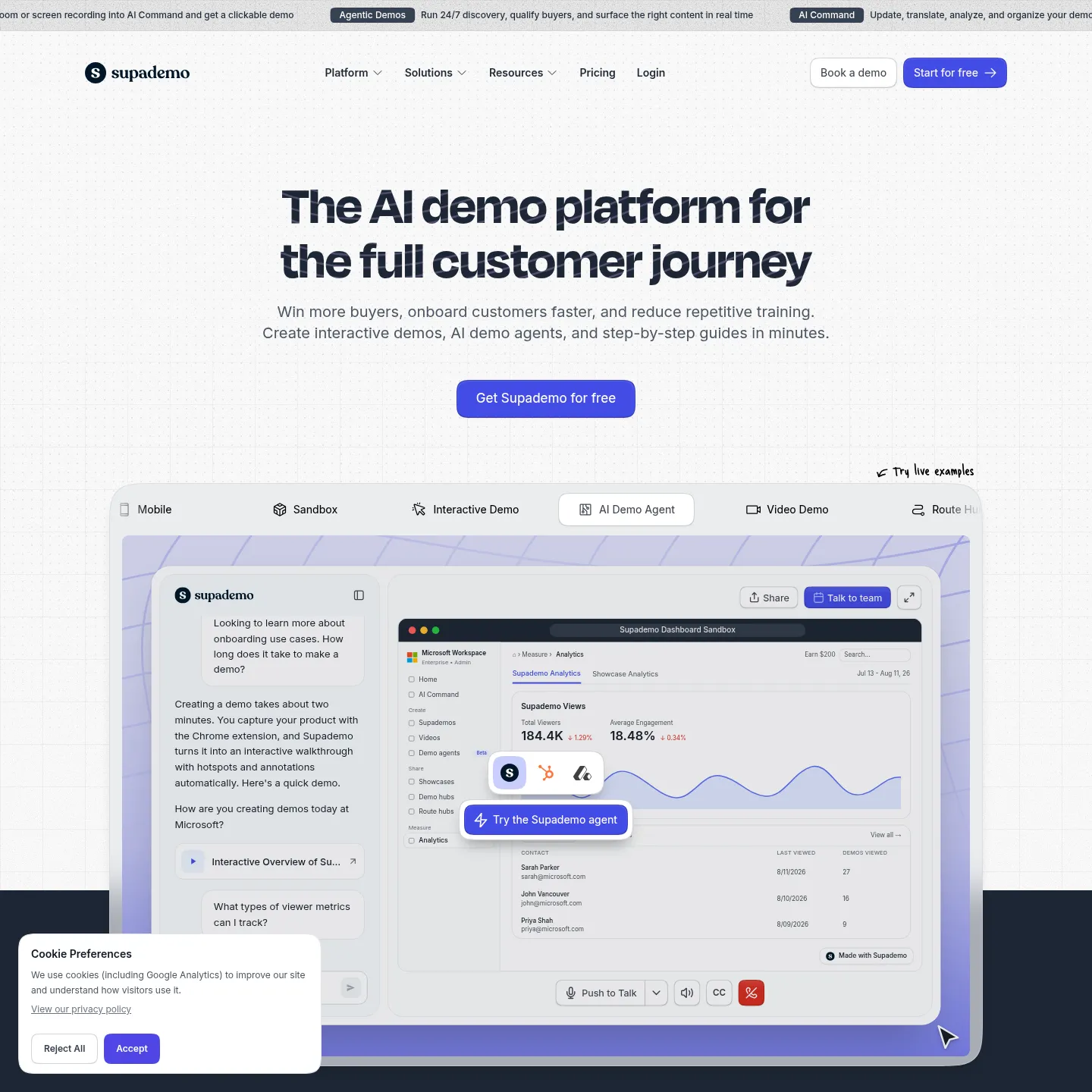 Supademo public product page showing interactive product walkthroughs