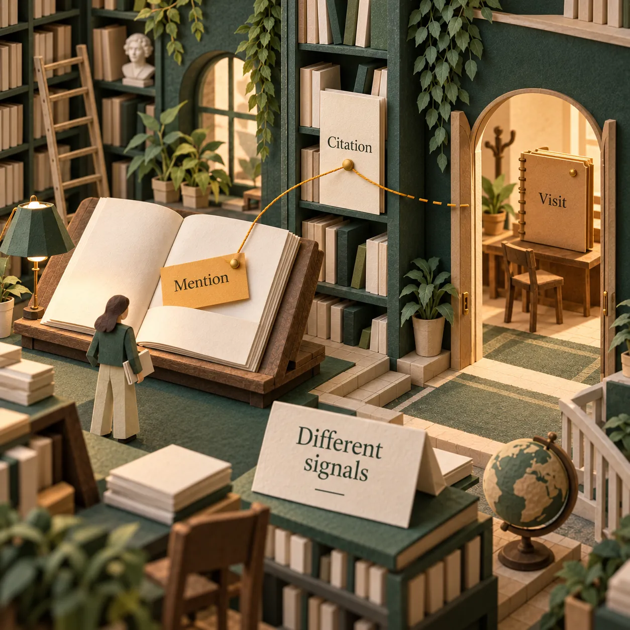 Paper library architecture distinguishing a brand mention, a cited source and a customer visit