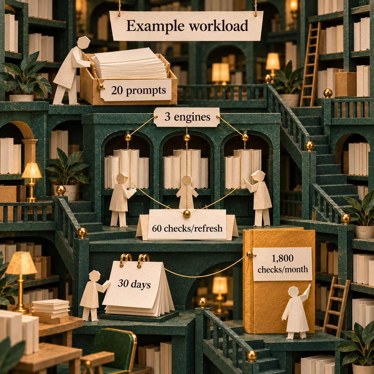 Paper library sequence showing 20 prompts across 3 engines over 30 days requiring 1800 checks