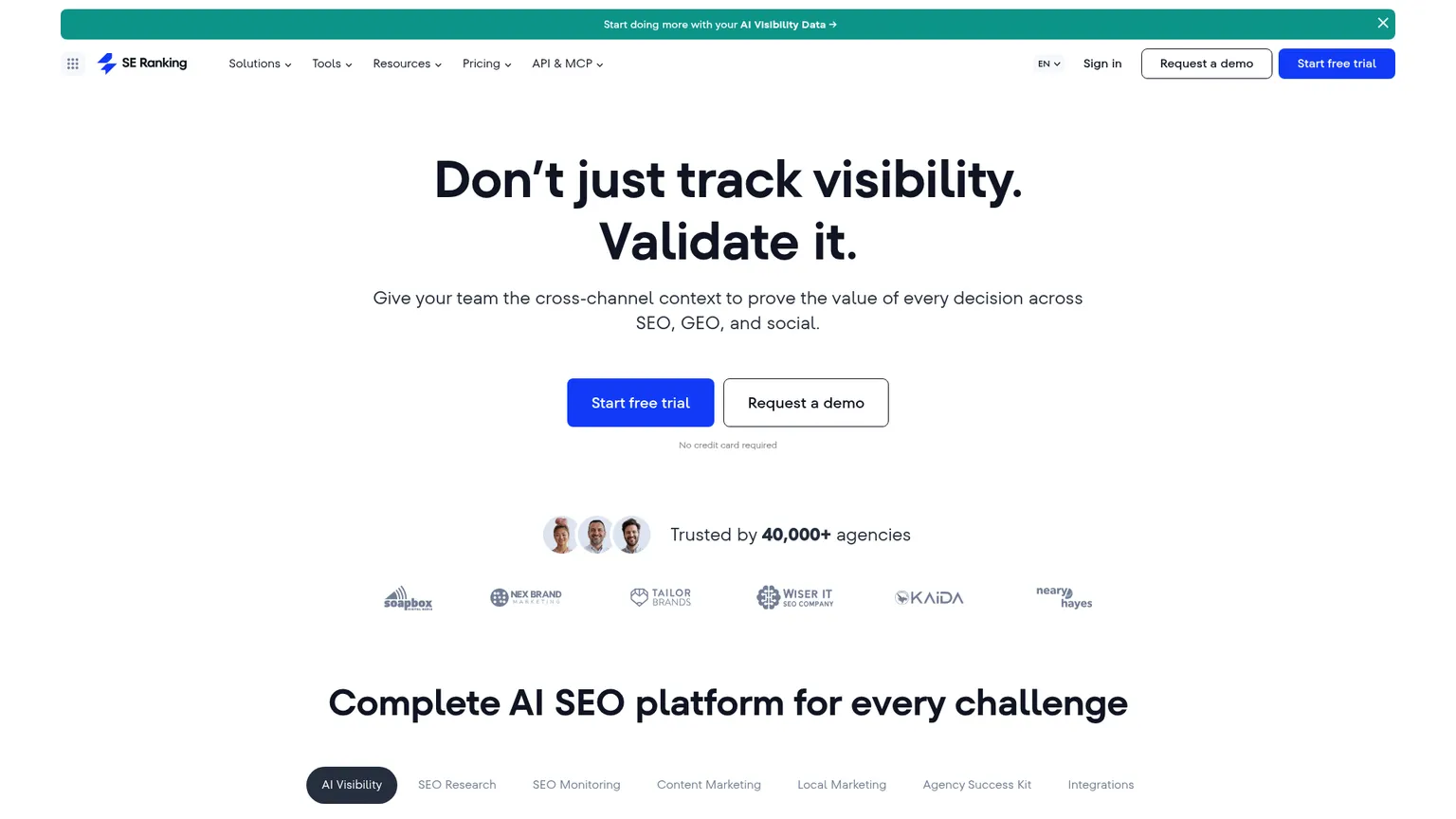 SE Ranking public homepage describing its SEO and AI visibility ecosystem