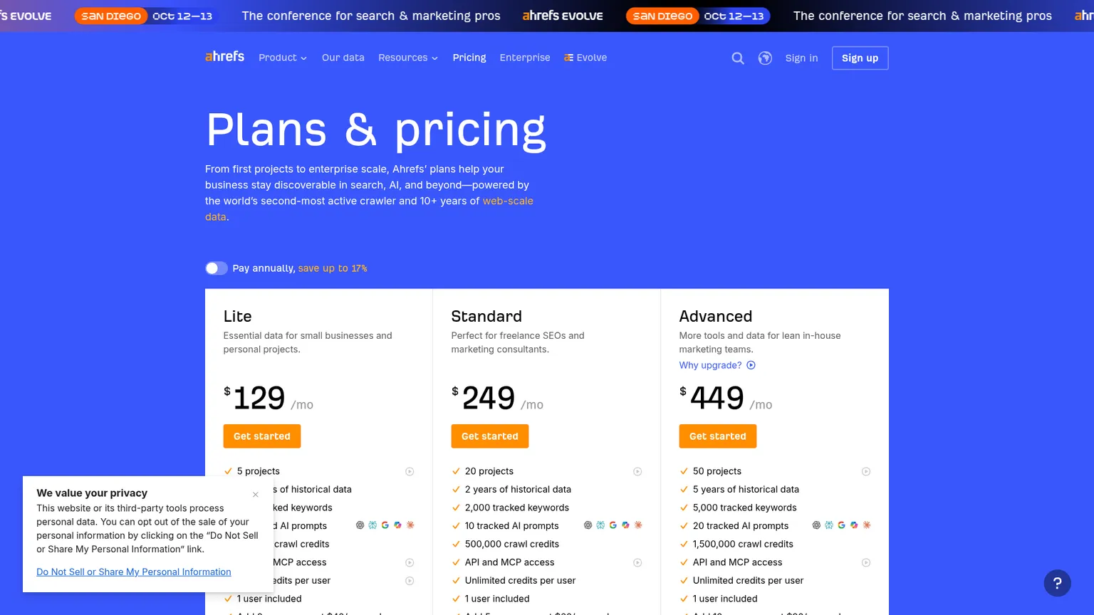 Ahrefs pricing page showing SEO subscriptions and custom AI prompt packages