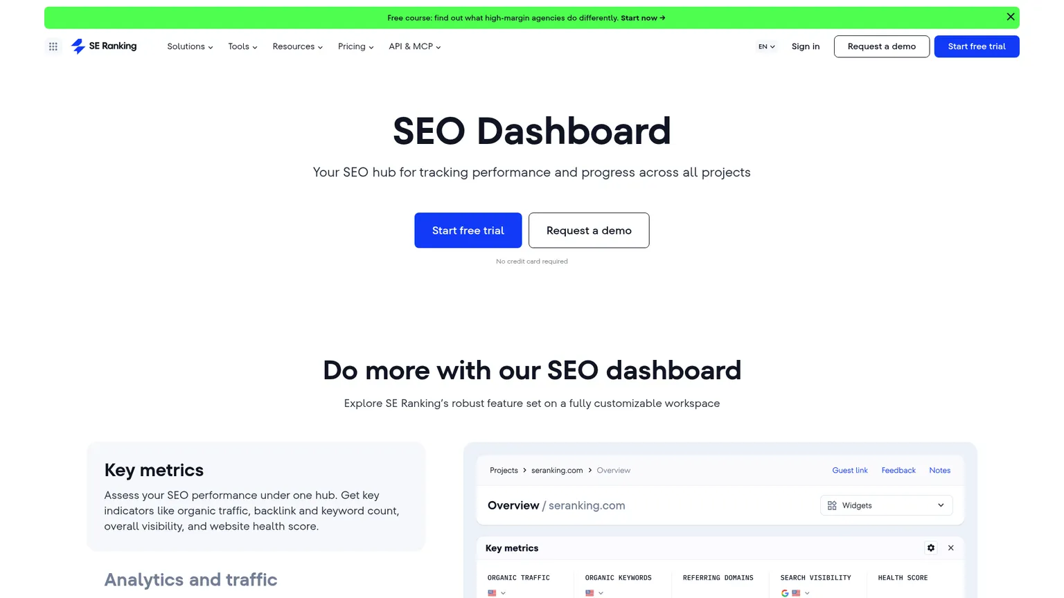 SE Ranking public dashboard page showing its analytics, ranking and audit views