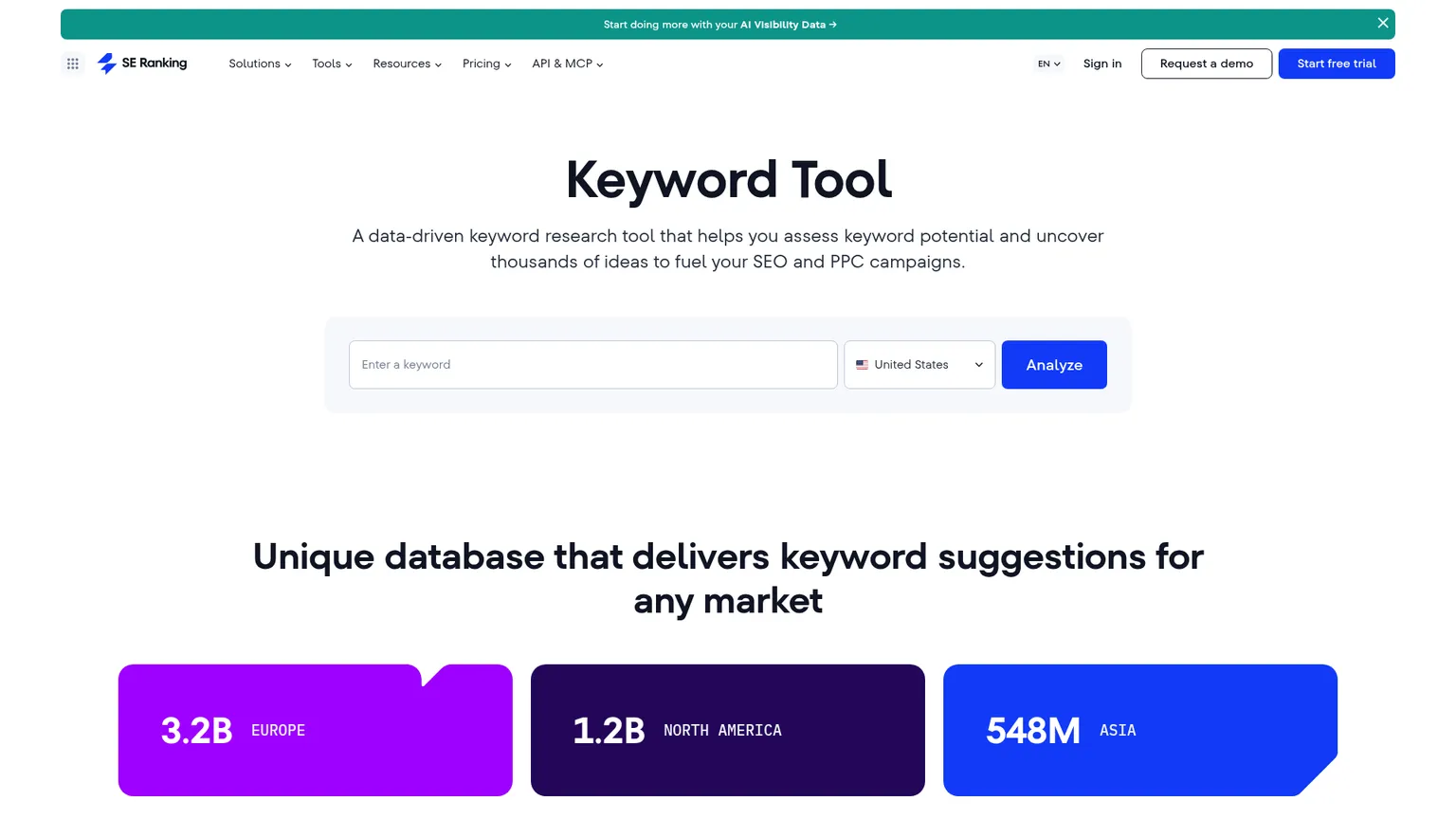 SE Ranking public Keyword Tool page describing search volume, difficulty and intent