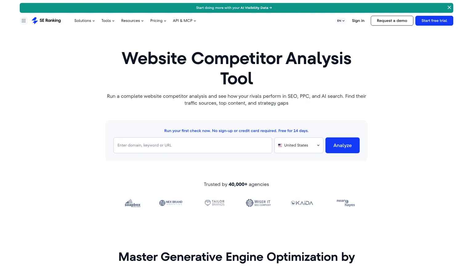 SE Ranking public Competitive Research page showing organic, paid and AI competitor analysis