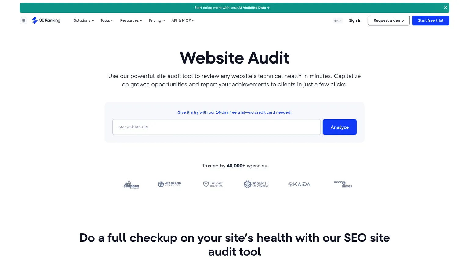 SE Ranking Website Audit page showing technical health, issue categories and crawl settings