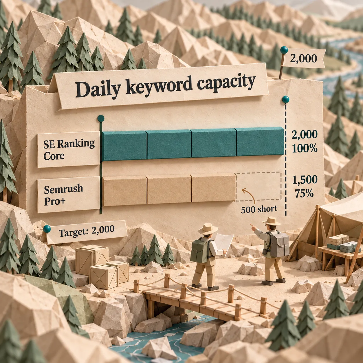 紙の棒グラフで、2,000キーワードの目標に対しSE Ranking Coreは100%、Semrush Pro+は75%をカバーし、500キーワードが不足することを示した図