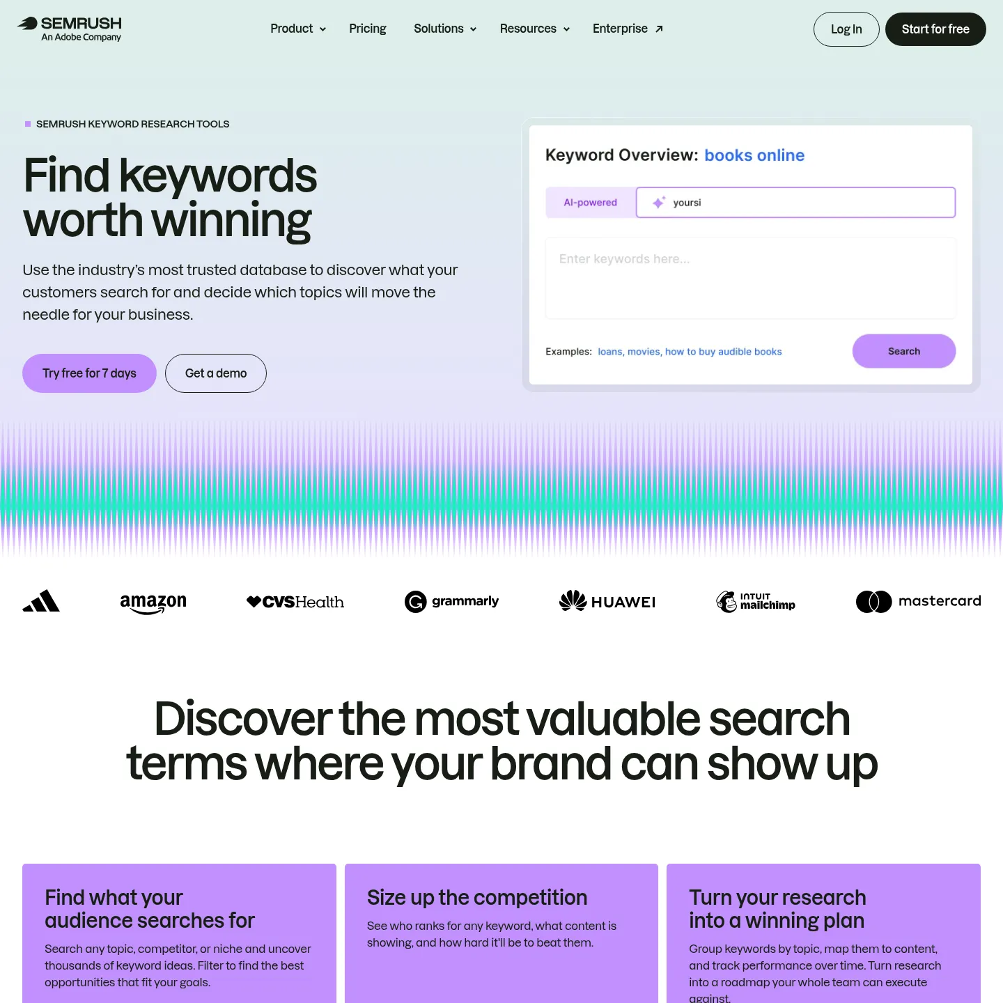 キーワードの発見、競合とのギャップ分析、企画機能を紹介するSemrushのキーワード調査公開ページ