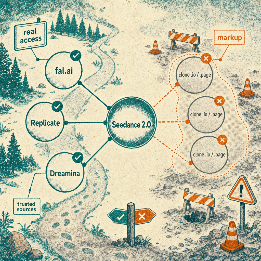 Diagram of real Seedance access via fal, Replicate and Dreamina versus clone reseller sites