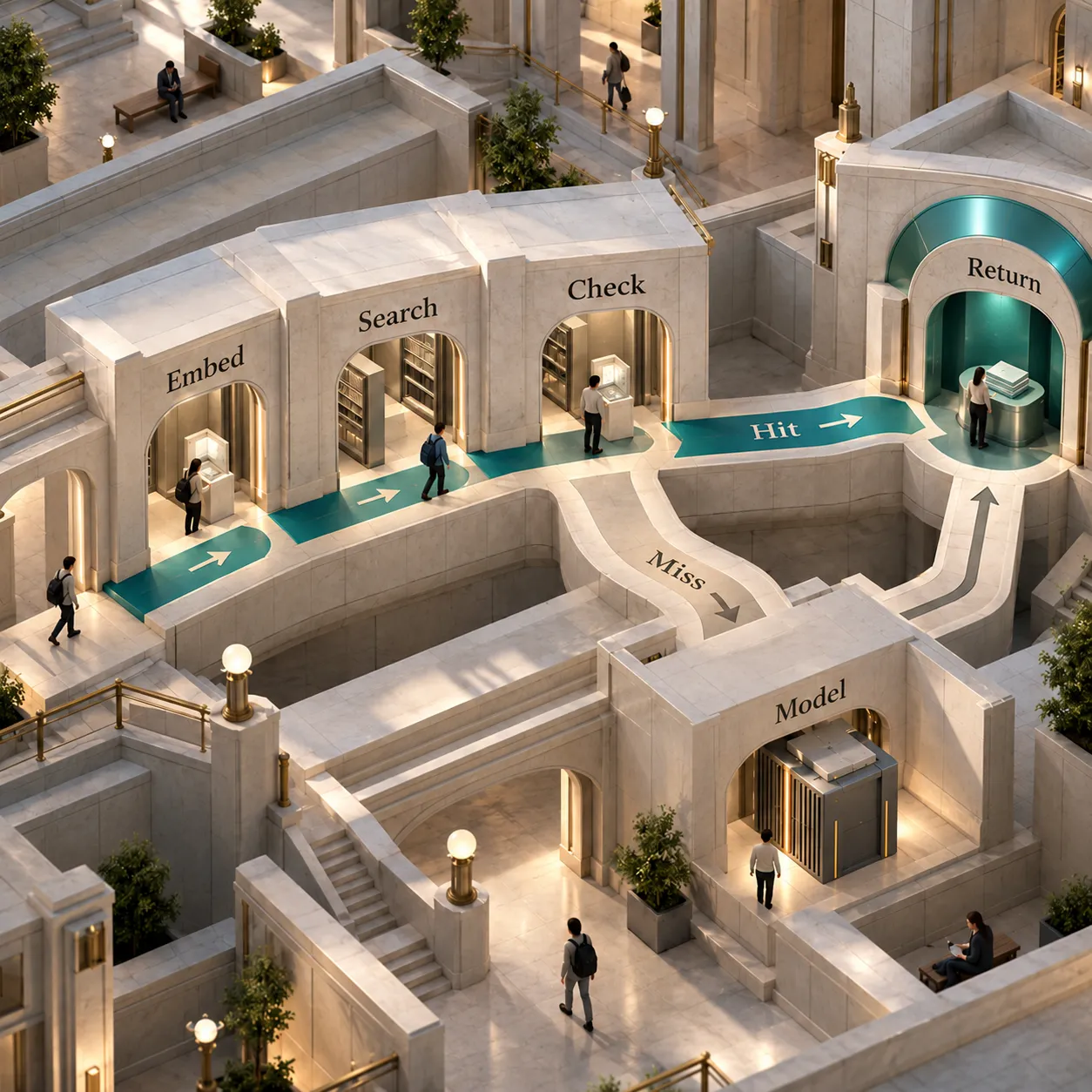 Architectural paths pass through Embed, Search and Check, then either go directly to Return or pass through Model.