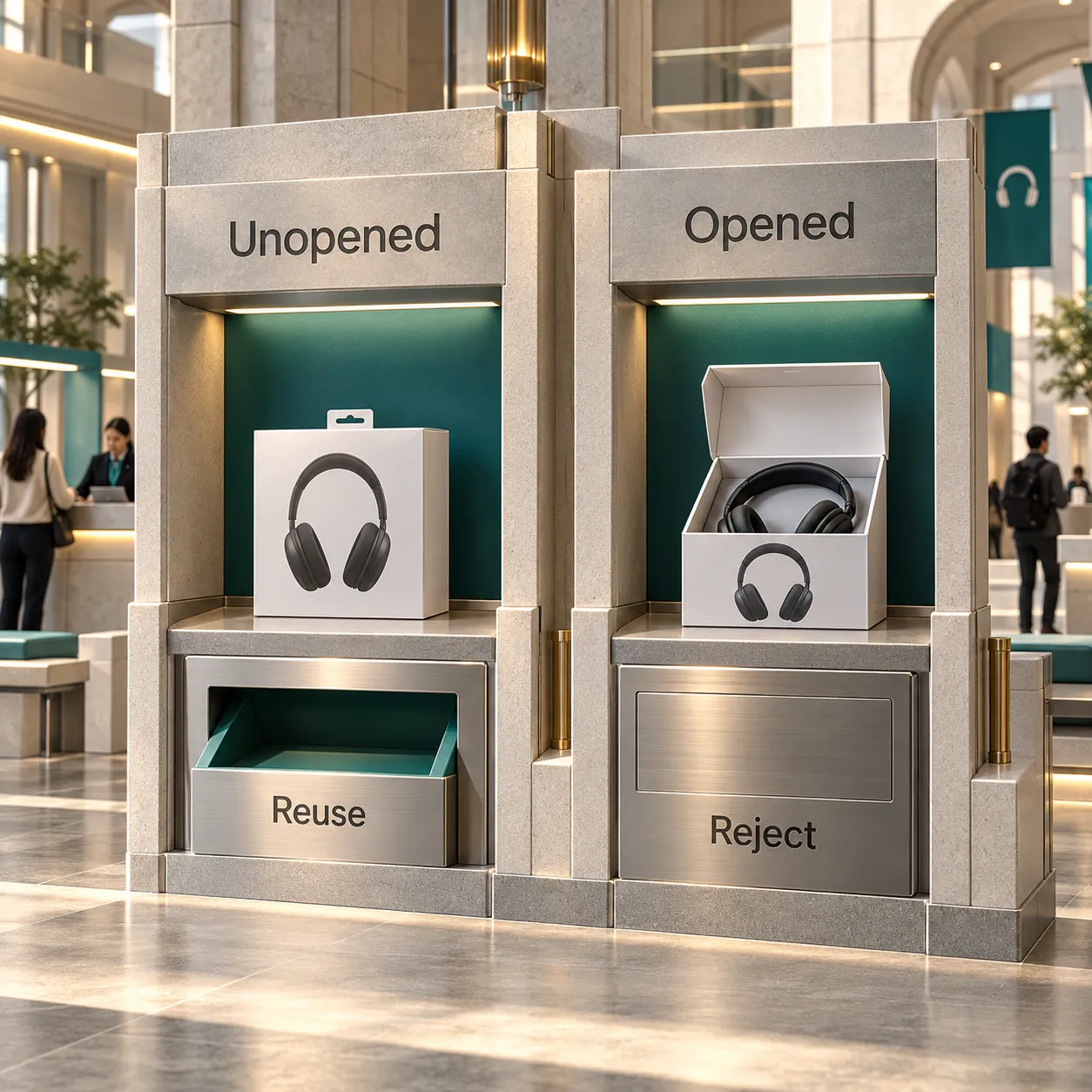 Two architectural service bays show unopened and opened headphone boxes, with Reuse available only for the unopened condition.