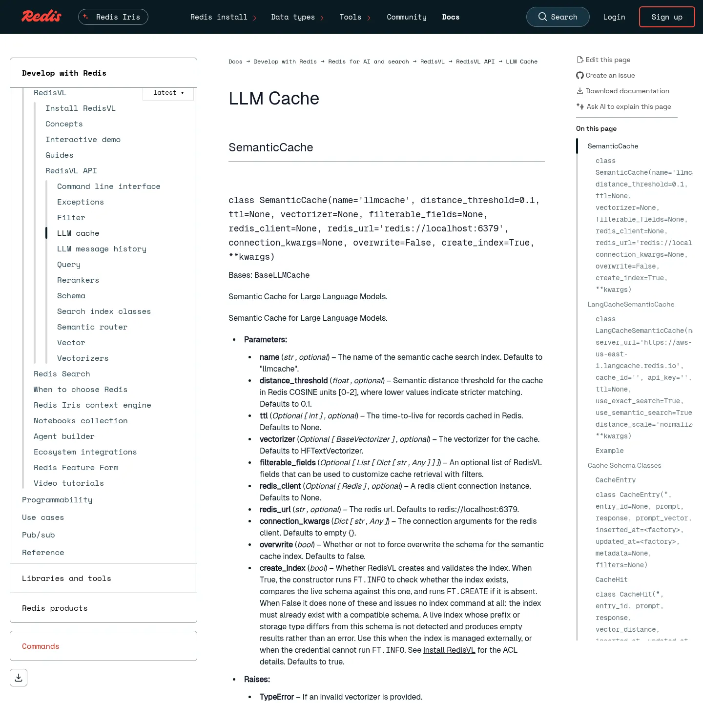 RedisVL SemanticCache API showing lookup, storage, filtering and expiration controls.