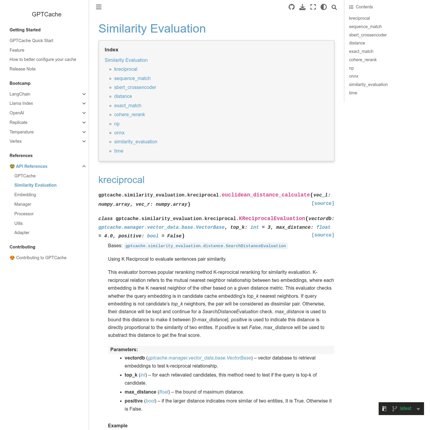 GPTCache API documentation describing its similarity evaluators.