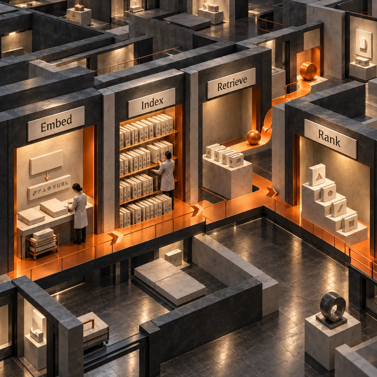 Four connected architectural rooms labeled Embed, Index, Retrieve and Rank, with a separate query entering the retrieval room