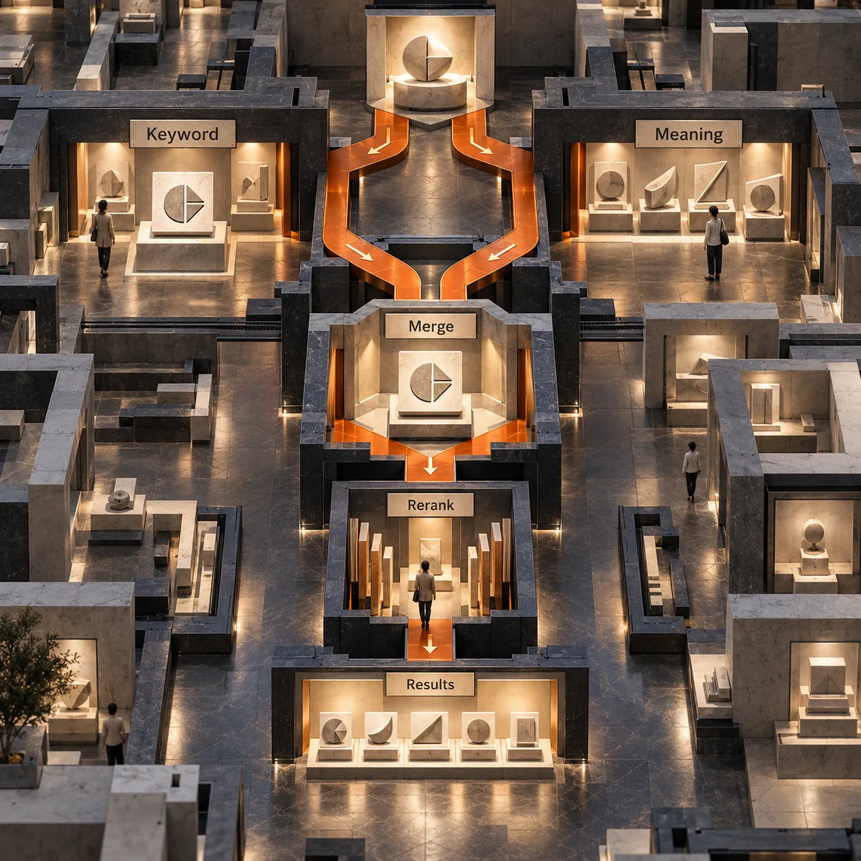 An overhead architectural route splits into Keyword and Meaning galleries, converges at Merge, then passes through Rerank to Results