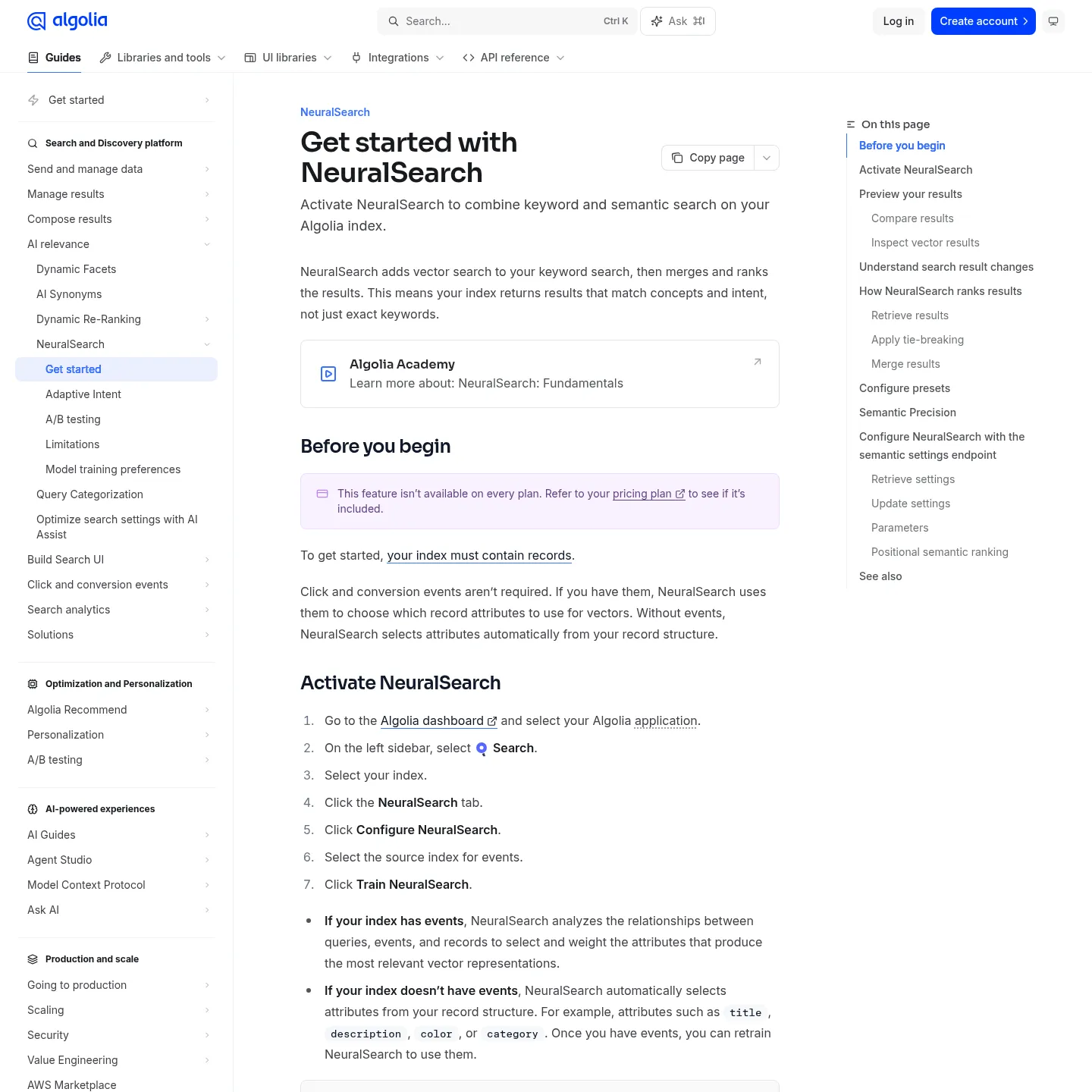 Algolia NeuralSearch documentation explaining keyword and vector retrieval and the coffee-to-travel-mug example