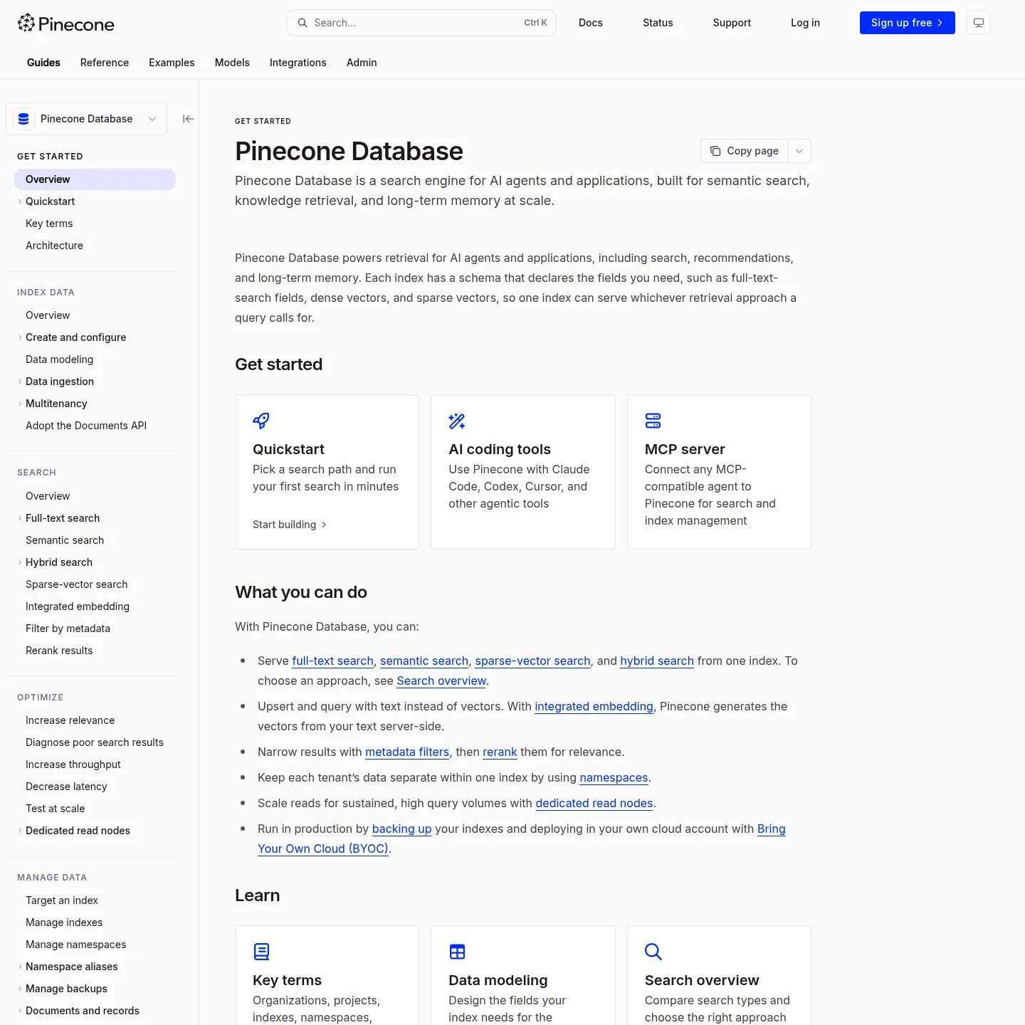 Pinecone documentation showing database retrieval, filtering and embedding capabilities