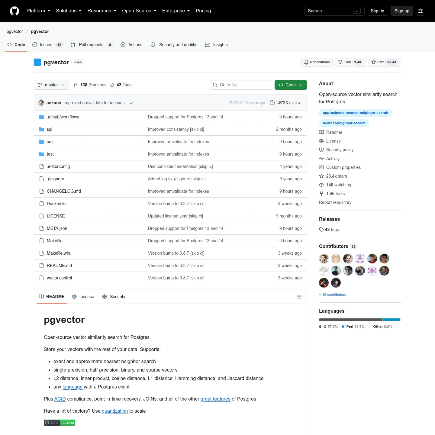 The pgvector project README documenting vector similarity search for PostgreSQL