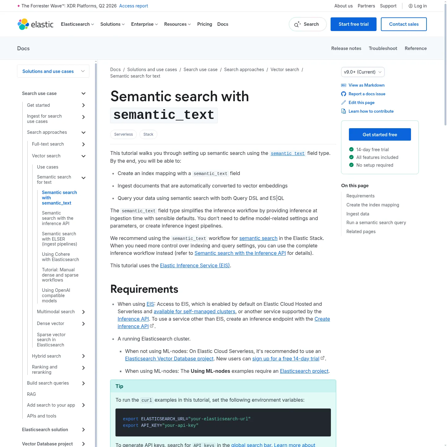 Elastic documentation showing semantic_text indexing and semantic search configuration