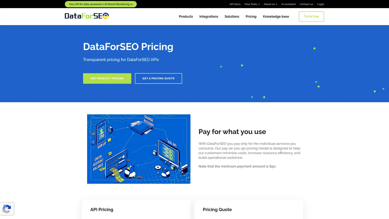 DataForSEO pricing page explaining pay-as-you-go services and the minimum payment