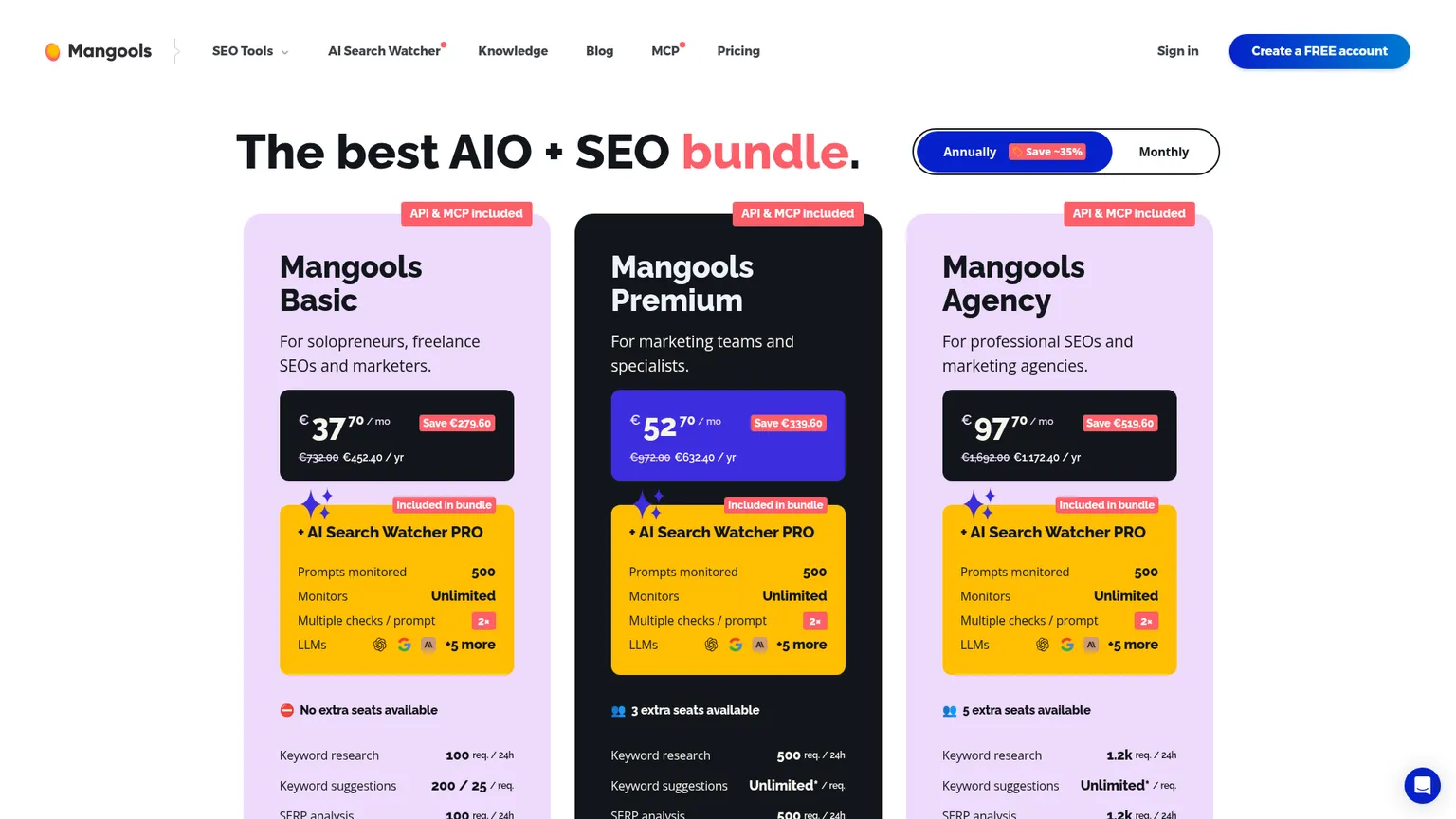 Mangools annual SEO and AI Search Watcher bundle pricing