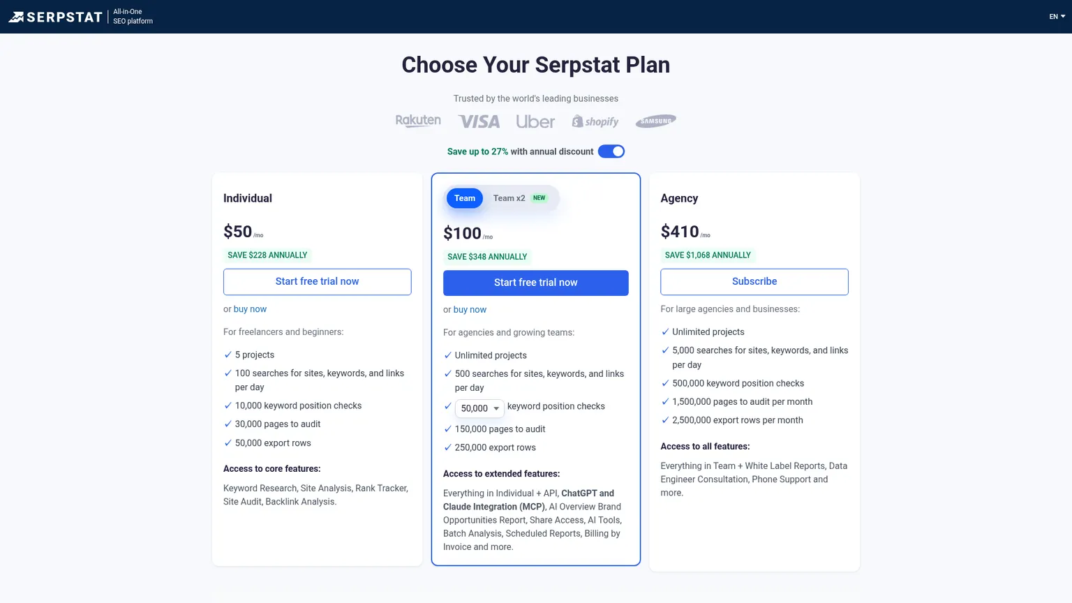 Serpstat Individual, Team, Team x2 and Agency plan comparison