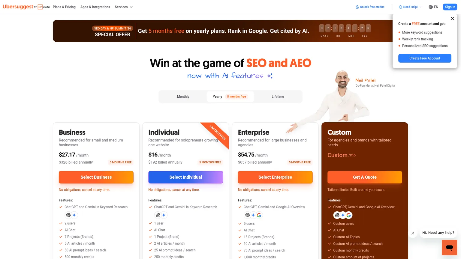 Ubersuggest current subscription offers and SEO and AI usage limits