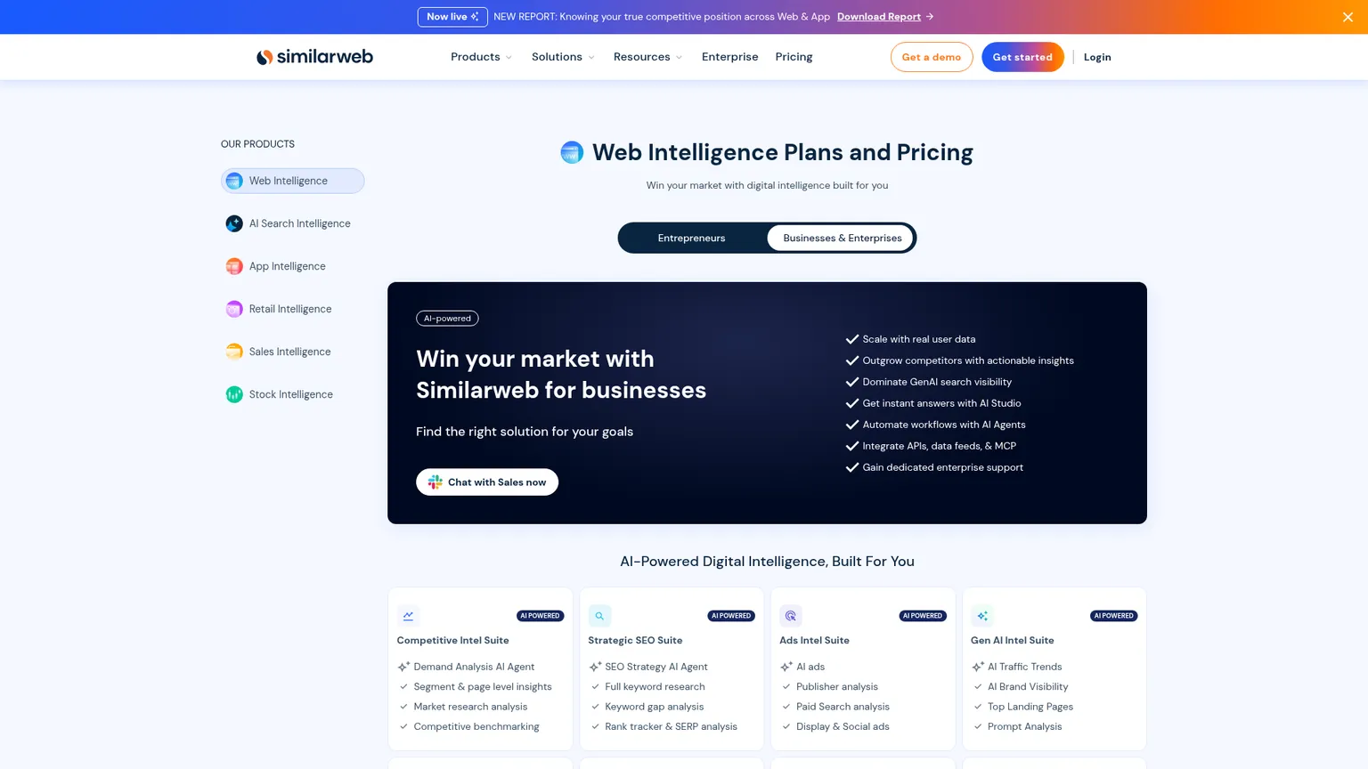 Similarweb Web Intelligence package page with competitive, SEO and AI suites