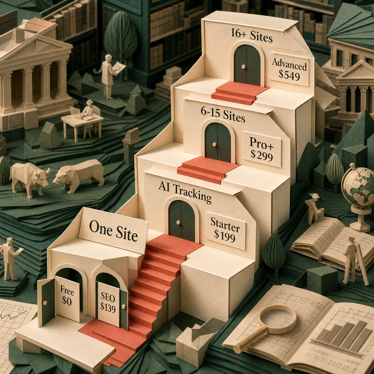 Paper staircase routing buyers from Semrush Free and SEO to Starter, Pro Plus, and Advanced