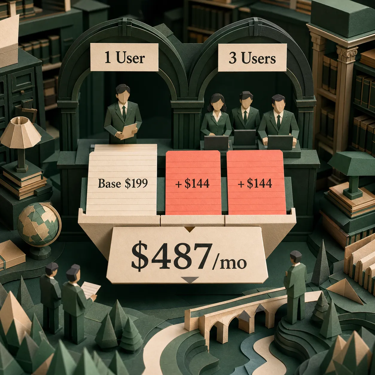 عملية حساب ورقية توضح أن سعر Starter الأساسي البالغ 199 دولارًا مع مقعدين للذكاء الاصطناعي بسعر 144 دولارًا لكل منهما يساوي 487 دولارًا شهريًا