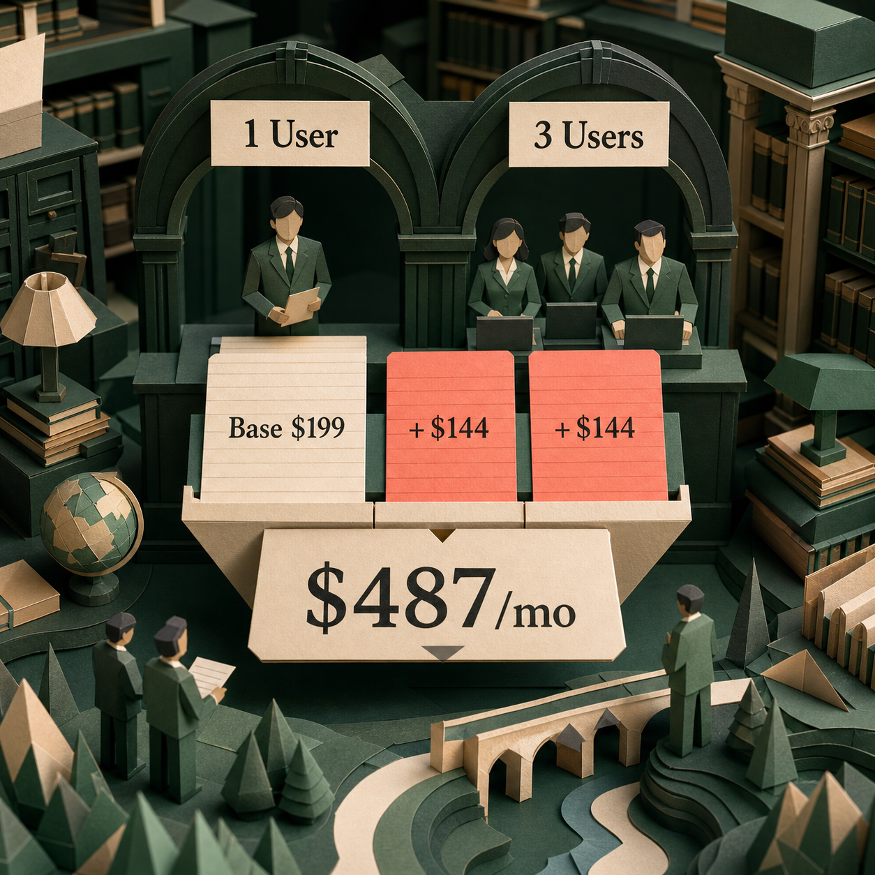 Paper checkout calculation showing a 199 dollar Starter base plus two 144 dollar AI seats equals 487 dollars per month