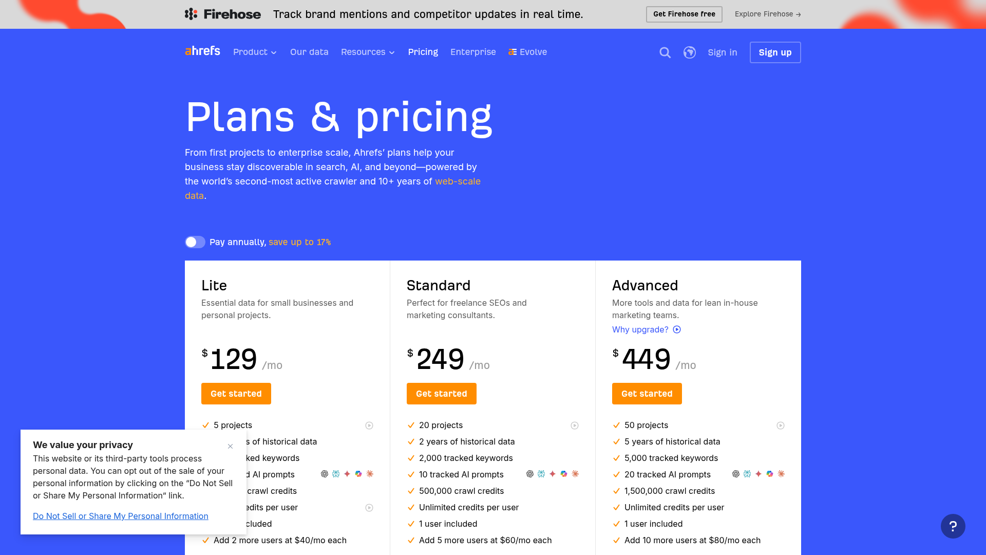 Ahrefs pricing page showing Starter, Lite, Standard, and Advanced plans