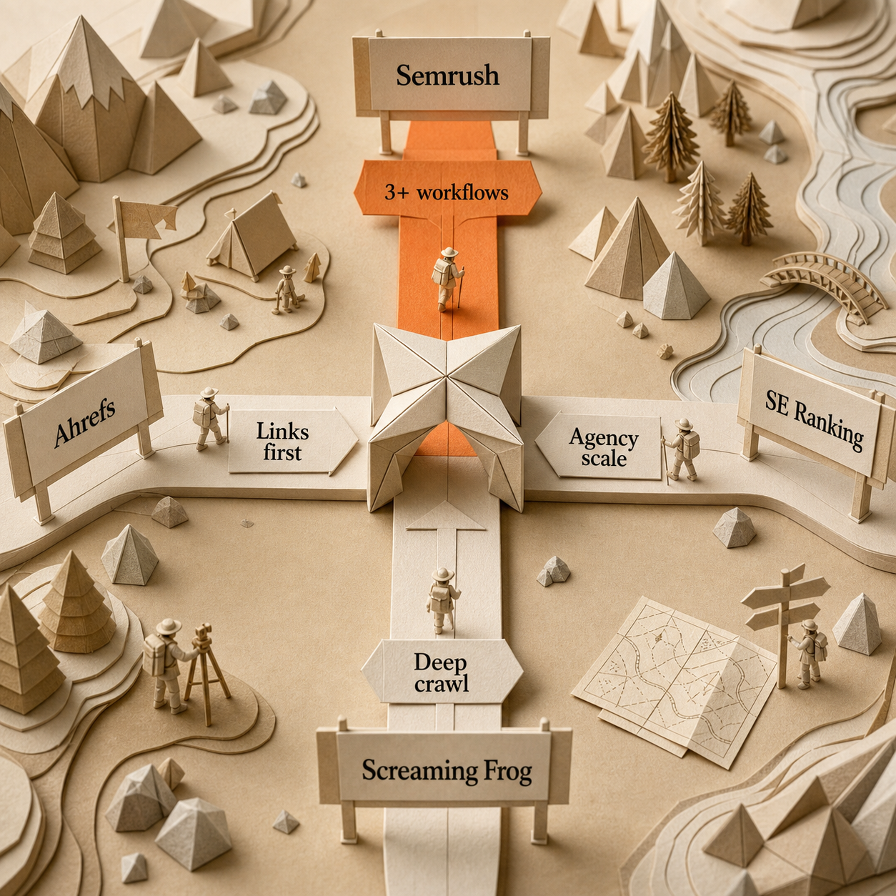 Decision flow routing buyers to Semrush, Ahrefs, SE Ranking, or Screaming Frog