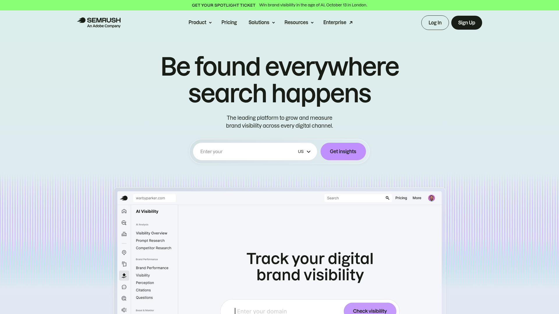 Semrush homepage showing its search and AI visibility platform