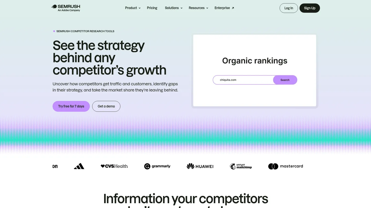 Page d'analyse concurrentielle de Semrush détaillant la recherche organique, payante, les backlinks, le trafic et l'IA