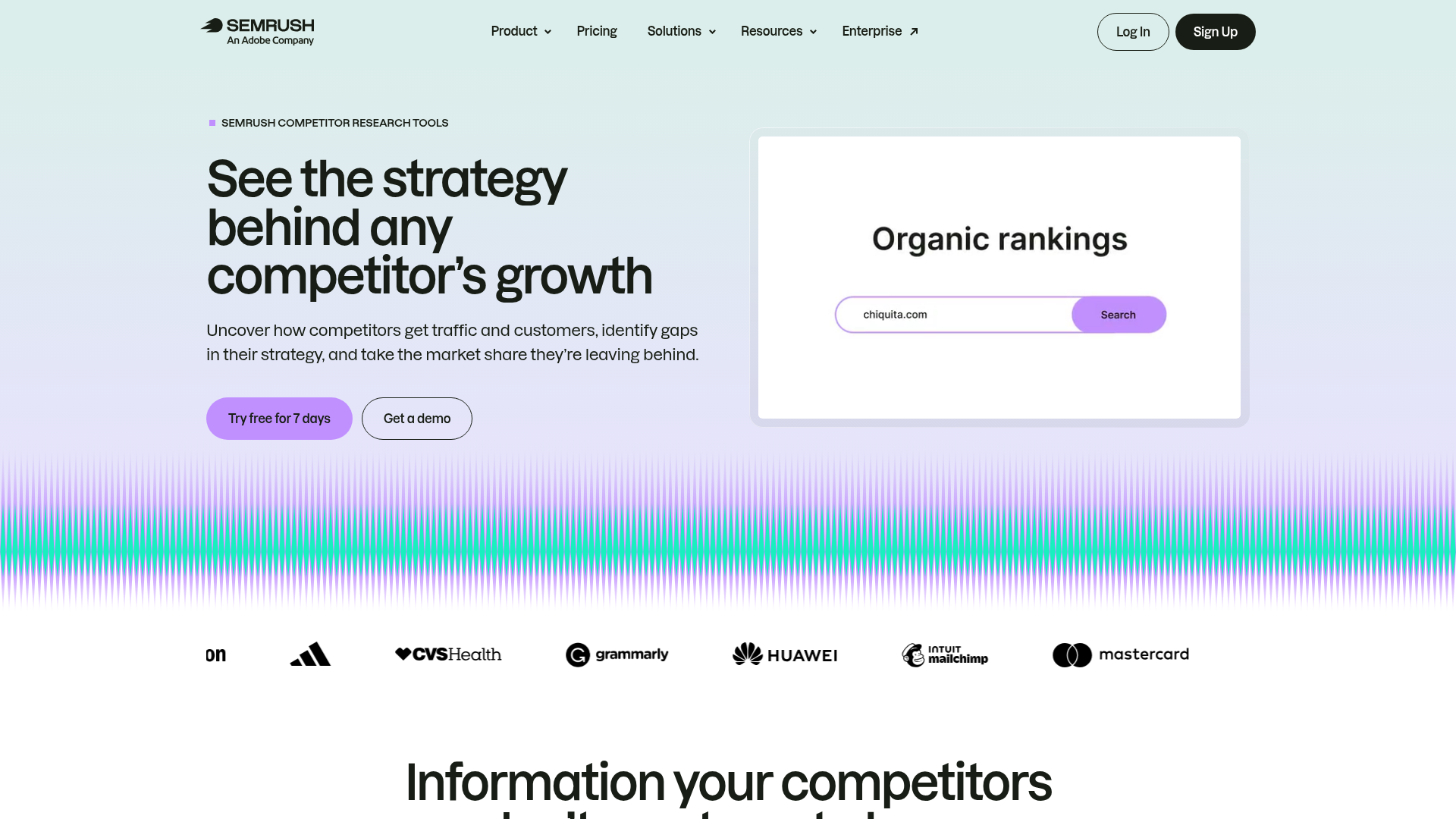 Semrush competitor analysis page showing organic, paid, backlink, traffic, and AI research