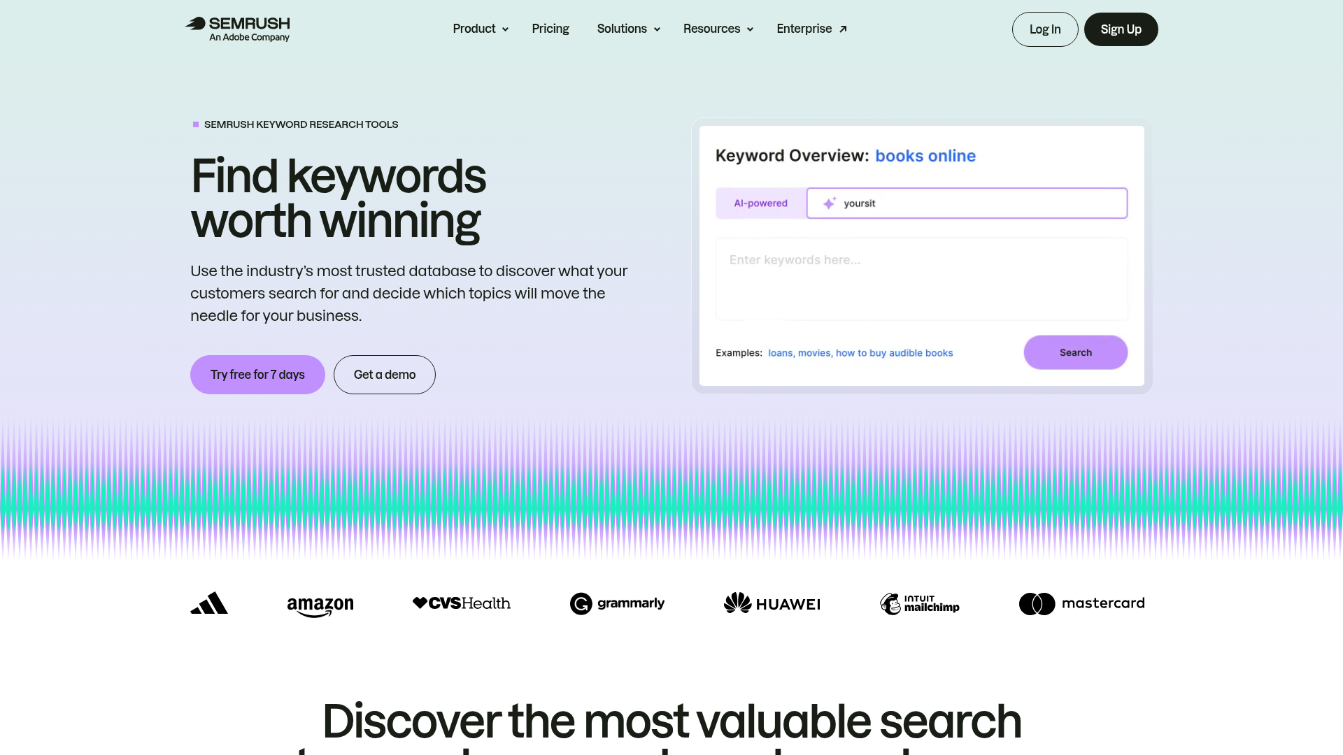 Semrush Keyword Magic Tool page showing keyword discovery, grouping, and gap analysis