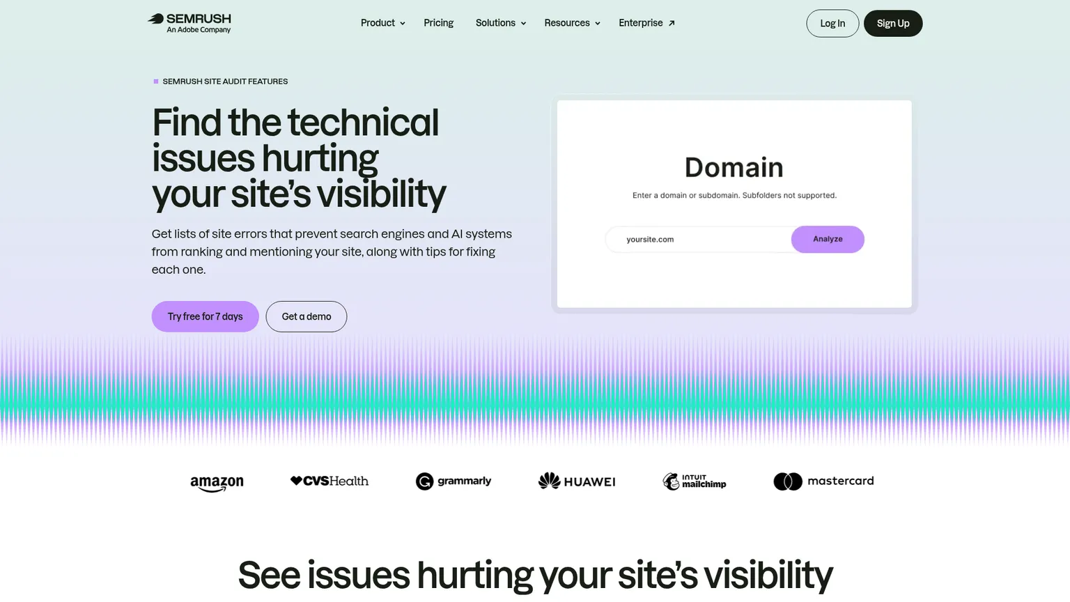 Tableau de bord de Site Audit montrant les anomalies techniques, le score de santé et les vérifications de robots IA
