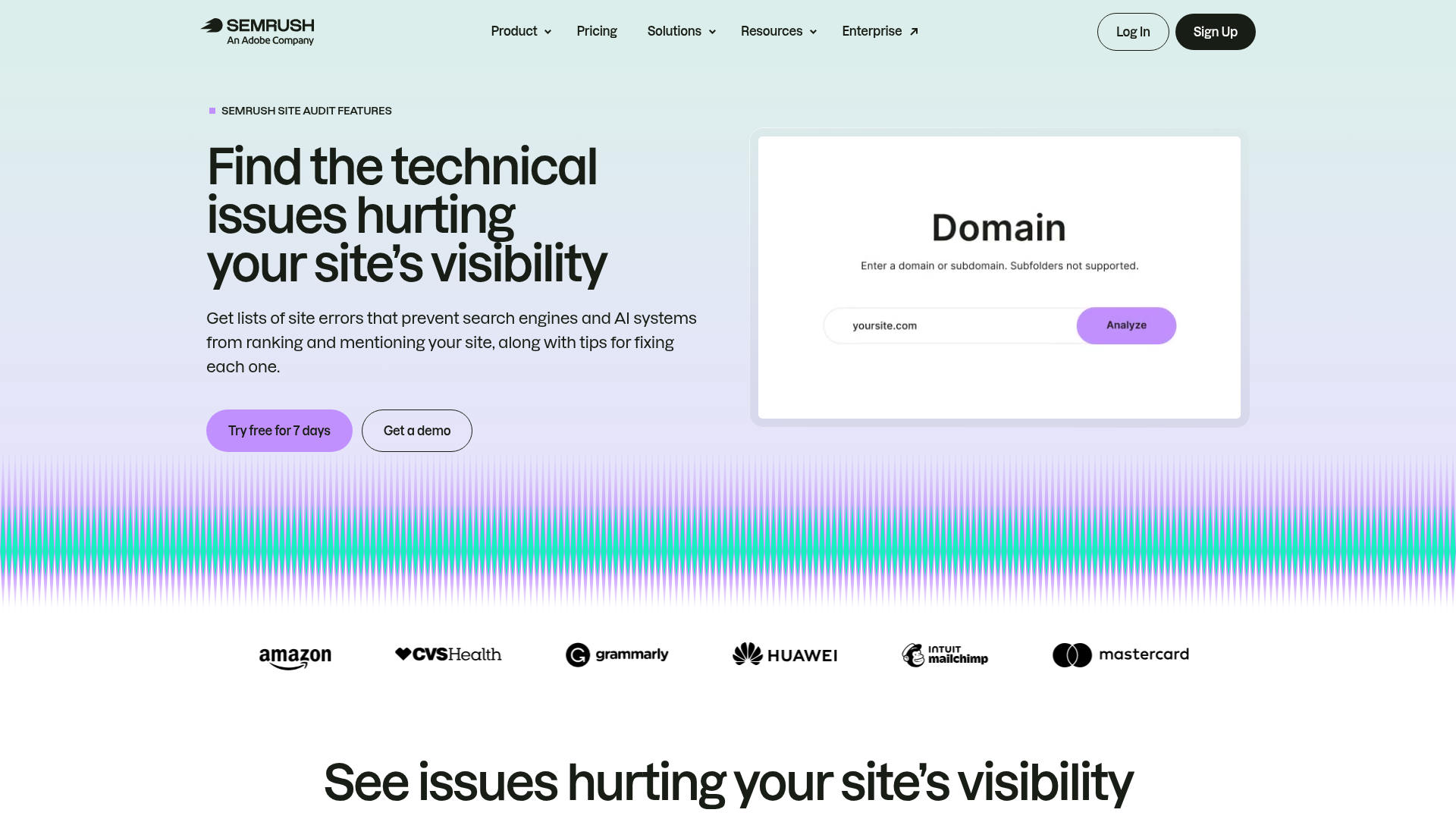 Semrush Site Audit page showing technical issues, health scoring, and AI crawler checks