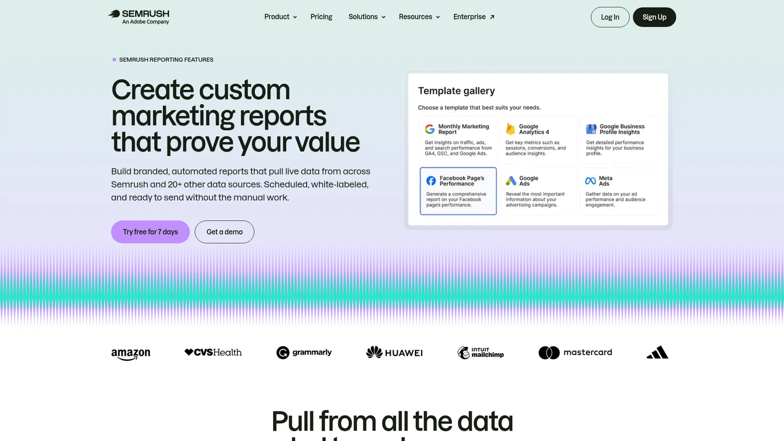 Page Semrush My Reports illustrant les templates, intégrations, marque blanche et envois programmés