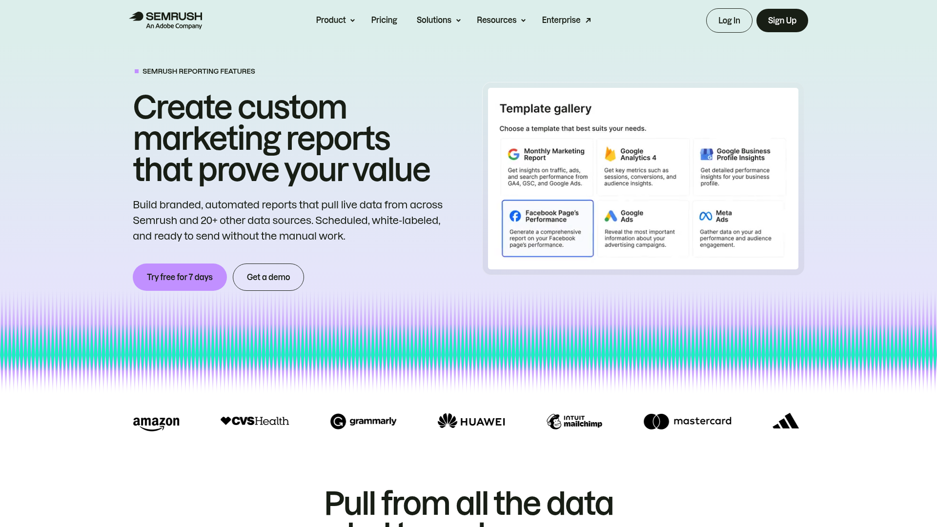Semrush My Reports page showing templates, integrations, white-labeling, and scheduled delivery