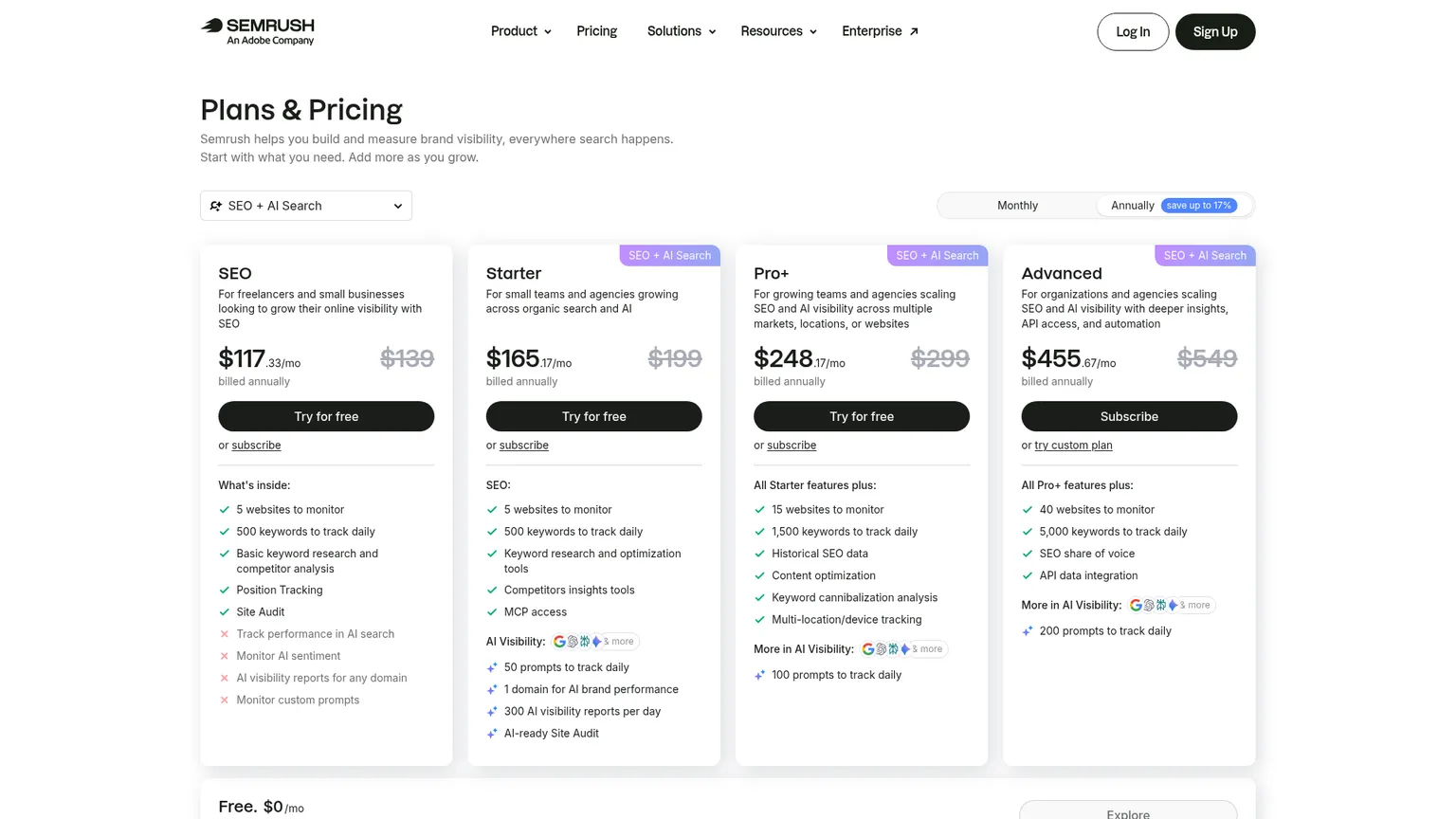 Page des tarifs Semrush montrant les formules SEO, Starter, Pro+ et Advanced