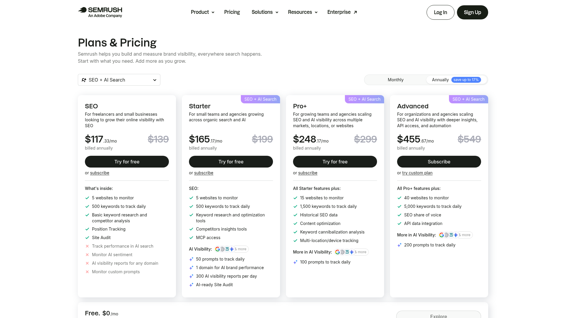 Semrush live pricing page showing SEO, Starter, Pro+, and Advanced tiers