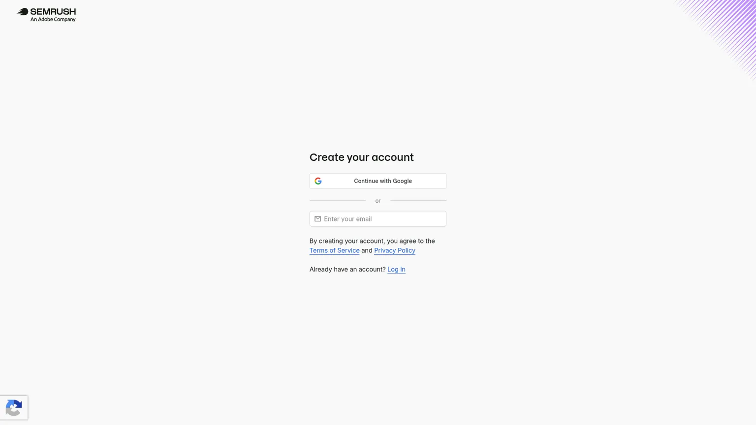 Page d'inscription sur le site de Semrush servant à débuter la configuration d'un compte et d'un essai