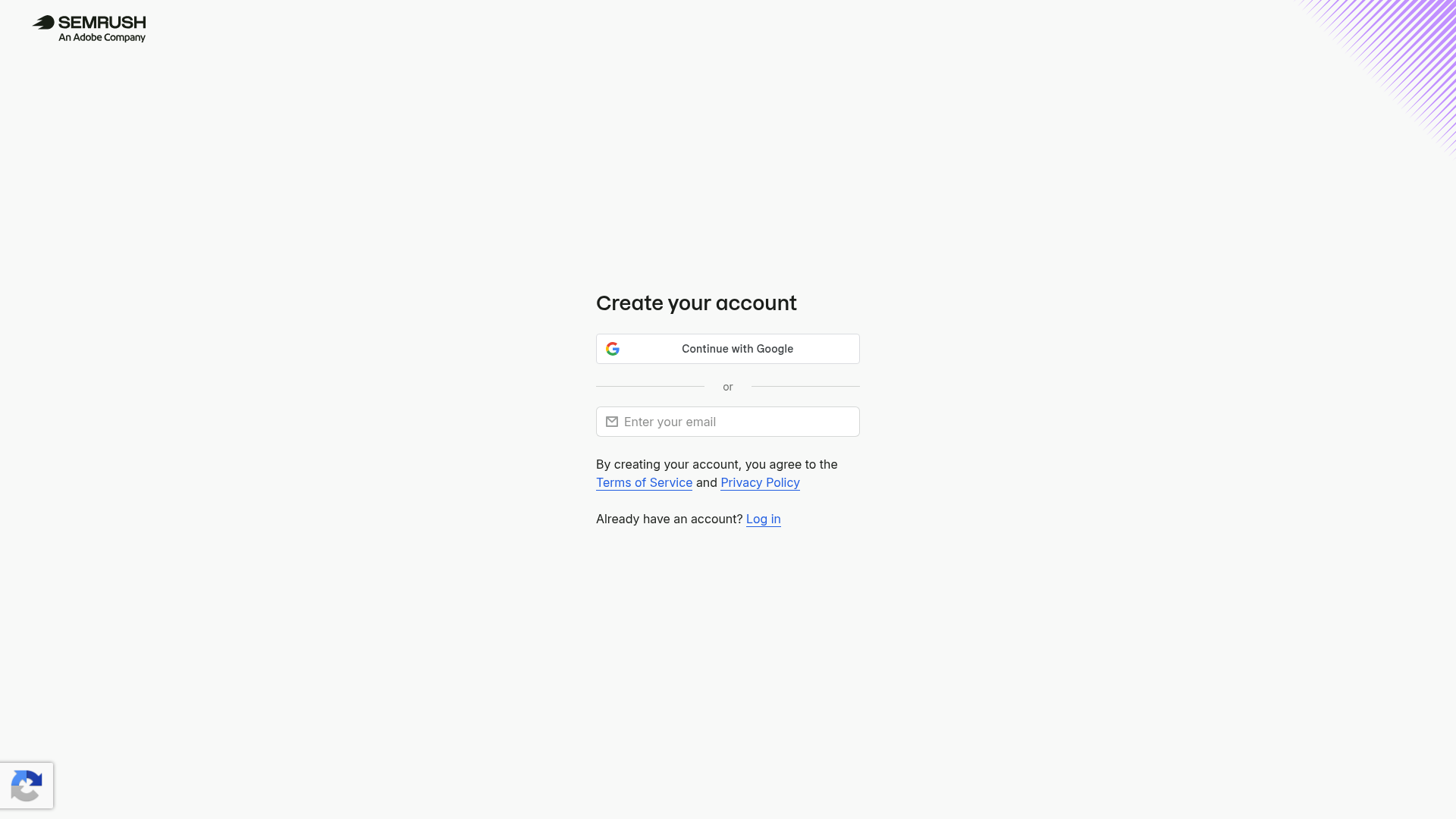 Semrush public account creation page used to begin onboarding and a trial